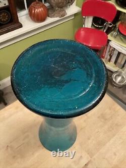 BLENKO 5519L 16.5 Blue/Green Crackle Wheat Sheaf Or Hourglass Shape Tall Vase