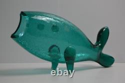 BLENKO 971M Teal Crackle Glass FISH Vase Mid Century MCM Winslow Anderson 16.5