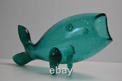 BLENKO 971M Teal Crackle Glass FISH Vase Mid Century MCM Winslow Anderson 16.5