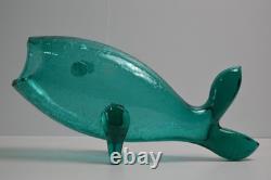 BLENKO 971M Teal Crackle Glass FISH Vase Mid Century MCM Winslow Anderson 16.5