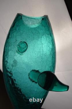 BLENKO 971M Teal Crackle Glass FISH Vase Mid Century MCM Winslow Anderson 16.5