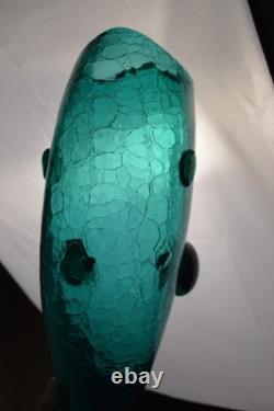 BLENKO 971M Teal Crackle Glass FISH Vase Mid Century MCM Winslow Anderson 16.5