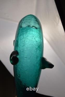 BLENKO 971M Teal Crackle Glass FISH Vase Mid Century MCM Winslow Anderson 16.5