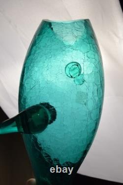 BLENKO 971M Teal Crackle Glass FISH Vase Mid Century MCM Winslow Anderson 16.5