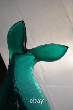BLENKO 971M Teal Crackle Glass FISH Vase Mid Century MCM Winslow Anderson 16.5
