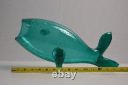 BLENKO 971M Teal Crackle Glass FISH Vase Mid Century MCM Winslow Anderson 16.5