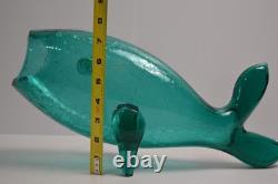 BLENKO 971M Teal Crackle Glass FISH Vase Mid Century MCM Winslow Anderson 16.5