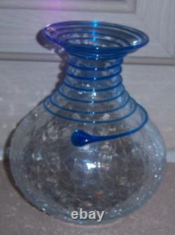 BLENKO RARE HANDBLOWN 6-1/2 VASE withCOBALT BLUE RIGAREE c. 1947