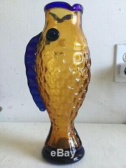BLENKO yellow AND BLUE FISH WATER BOTTLE PITCHER DECANTER authentic VGC 12 tall