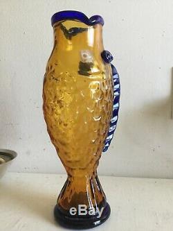 BLENKO yellow AND BLUE FISH WATER BOTTLE PITCHER DECANTER authentic VGC 12 tall