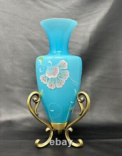 BLUE Glass Amphora Vase Bird FENTON LANDMARK COLLECTION W Stand & Box 10.5 MINT