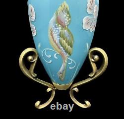 BLUE Glass Amphora Vase Bird FENTON LANDMARK COLLECTION W Stand & Box 10.5 MINT