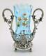 BLUE Victorian Art Glass CELERY VASE enamel floral James W. TUFTS silver frame