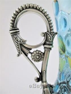 BLUE Victorian Art Glass CELERY VASE enamel floral James W. TUFTS silver frame