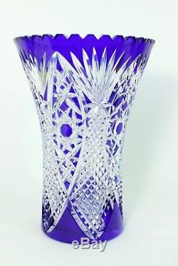 BOHEMIAN CZECH COBALT BLUE 10 Saw-Tooth, CUT TO CLEAR CRYSTAL VASE