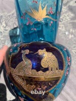 Baccarat Art Glass Vase Blue Japonisme Enameled Birds Butterfly Cricket Moser