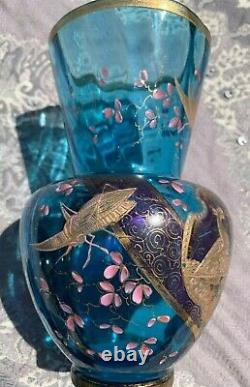 Baccarat Art Glass Vase Blue Japonisme Enameled Birds Butterfly Cricket Moser