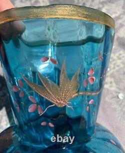 Baccarat Art Glass Vase Blue Japonisme Enameled Birds Butterfly Cricket Moser