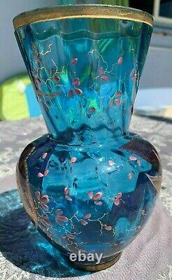 Baccarat Art Glass Vase Blue Japonisme Enameled Birds Butterfly Cricket Moser