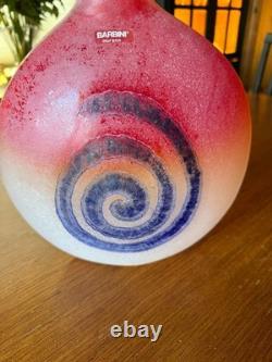 Barbini Murano Glass Pink-Red Vase with Blue Abstract Spiral 10.5 x 9.5 DS31