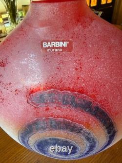 Barbini Murano Glass Pink-Red Vase with Blue Abstract Spiral 10.5 x 9.5 DS31