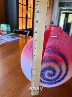 Barbini Murano Glass Pink-Red Vase with Blue Abstract Spiral 10.5 x 9.5 DS31