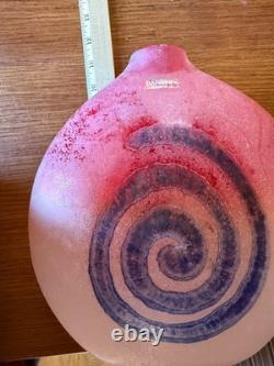 Barbini Murano Glass Pink-Red Vase with Blue Abstract Spiral 10.5 x 9.5 DS31