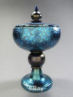 Beautiful Antique LOETZ Art Glass Cobalt Papillon Lidded Compote 8 Tall ca 1898