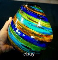Beautiful Art Glass Vase In Rust, Blues And Greens With Gold Inclusions