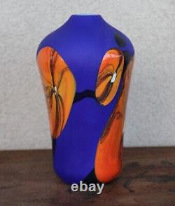 Beautiful Art Glass Vase Signed Mod Modern Blue Orange Brilliant Abstract Colors