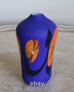 Beautiful Art Glass Vase Signed Mod Modern Blue Orange Brilliant Abstract Colors