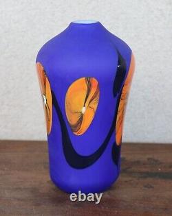 Beautiful Art Glass Vase Signed Mod Modern Blue Orange Brilliant Abstract Colors