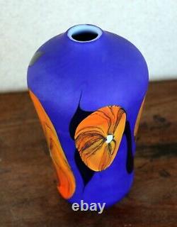 Beautiful Art Glass Vase Signed Mod Modern Blue Orange Brilliant Abstract Colors