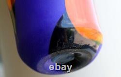 Beautiful Art Glass Vase Signed Mod Modern Blue Orange Brilliant Abstract Colors