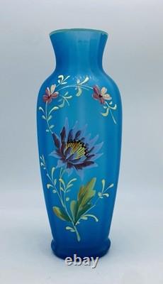 Beautiful Art Nouveau FRENCH LEGRAS Blue Satin Glass Vase Floral Enamel