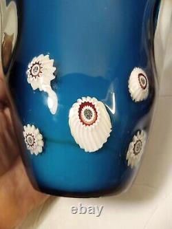 Beautiful Blue Cased Glass Vase Millefliori Hand Blown Ground Pontail