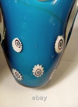 Beautiful Blue Cased Glass Vase Millefliori Hand Blown Ground Pontail