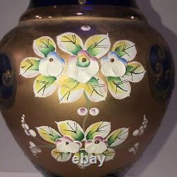 Beautiful Cobalt Blue Glass Vase with Hand Painted Blooming Flowers Gilt Details
