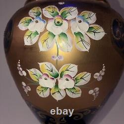 Beautiful Cobalt Blue Glass Vase with Hand Painted Blooming Flowers Gilt Details