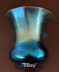 Beautiful Early 20th c. Steuben Blue Aurene Glass Vase 5 x 5 Fluted and Flared