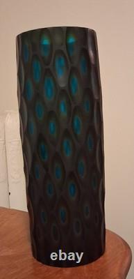 Beautiful Hand Blown Art Glass Black Cut To Teal 13.25 x 4.75 Vase