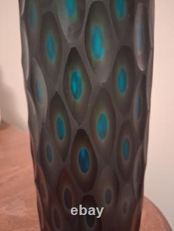 Beautiful Hand Blown Art Glass Black Cut To Teal 13.25 x 4.75 Vase