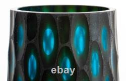 Beautiful Hand Blown Art Glass Black Cut To Teal 13.25 x 4.75 Vase