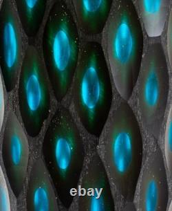 Beautiful Hand Blown Art Glass Black Cut To Teal 13.25 x 4.75 Vase