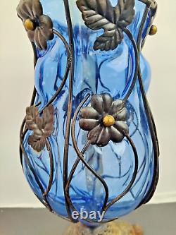 Beautiful Large Blue Caged Glass Vase with Metal Pedestal and flowers 12 in. Tal