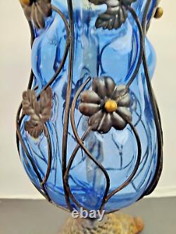 Beautiful Large Blue Caged Glass Vase with Metal Pedestal and flowers 12 in. Tal