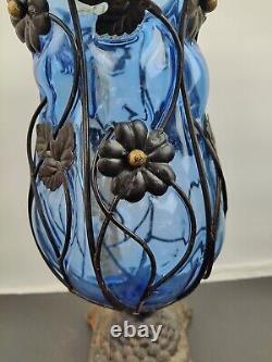 Beautiful Large Blue Caged Glass Vase with Metal Pedestal and flowers 12 in. Tal