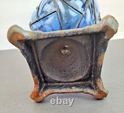 Beautiful Large Blue Caged Glass Vase with Metal Pedestal and flowers 12 in. Tal