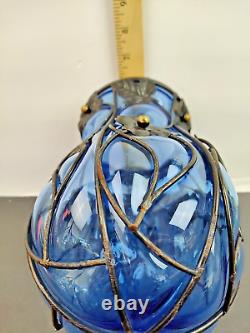 Beautiful Large Blue Caged Glass Vase with Metal Pedestal and flowers 12 in. Tal