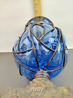 Beautiful Large Blue Caged Glass Vase with Metal Pedestal and flowers 12 in. Tal